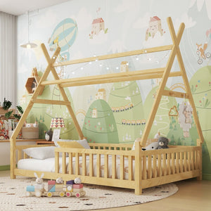 English Elm Twin Montessori Floor Bed House Frame with Led Lighting and Safety Rails for Kids Natural W2593P440591