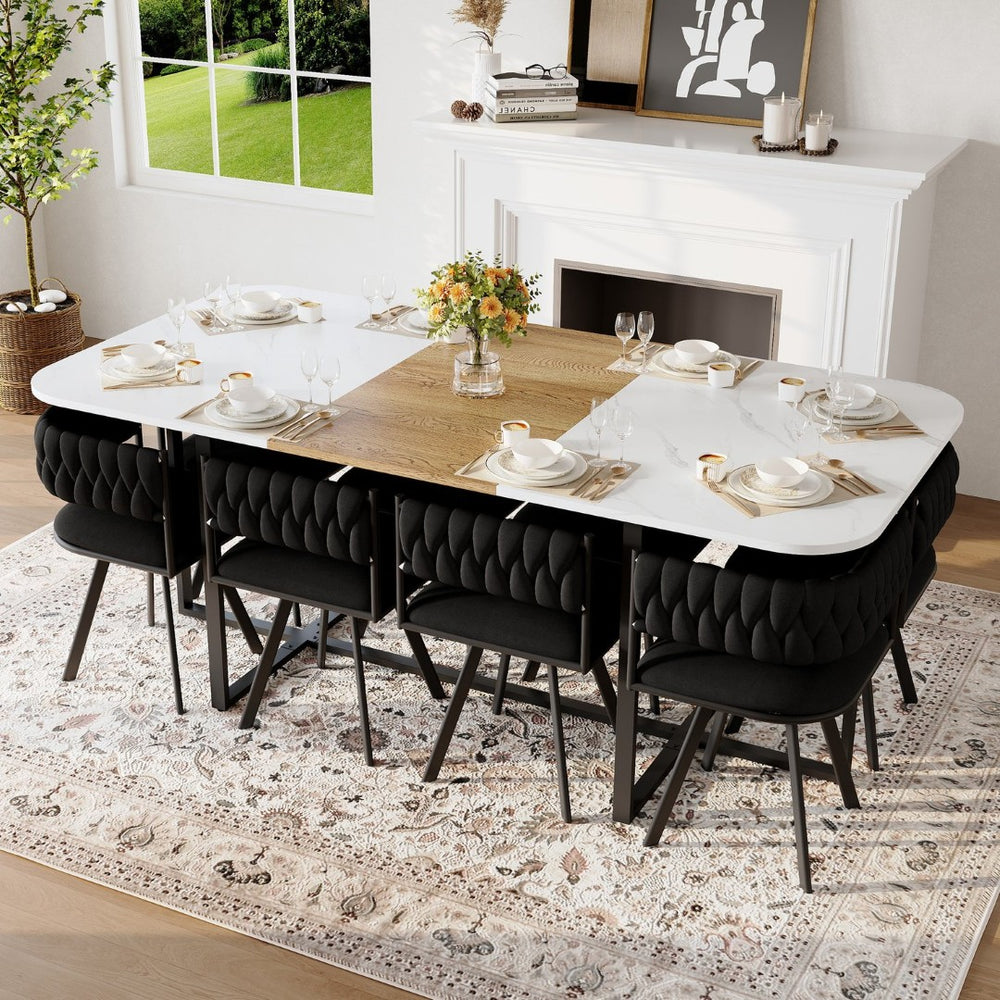 English Elm 9-piece Square Dining Set Velvet Upholstered Chairs Two-tone Tabletop Seats 8 Black,White,Wood W3875S00150