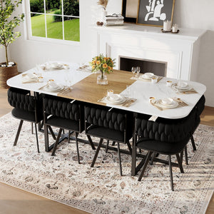 English Elm 9-piece Square Dining Set Velvet Upholstered Chairs Two-tone Tabletop Seats 8 Black,White,Wood W3875S00150