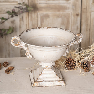 English Elm Vintage Double-Handled Flower Pot Off-White Metal Rustic Charm for Home, Garden, Gift, 10x9 in W2946P243926