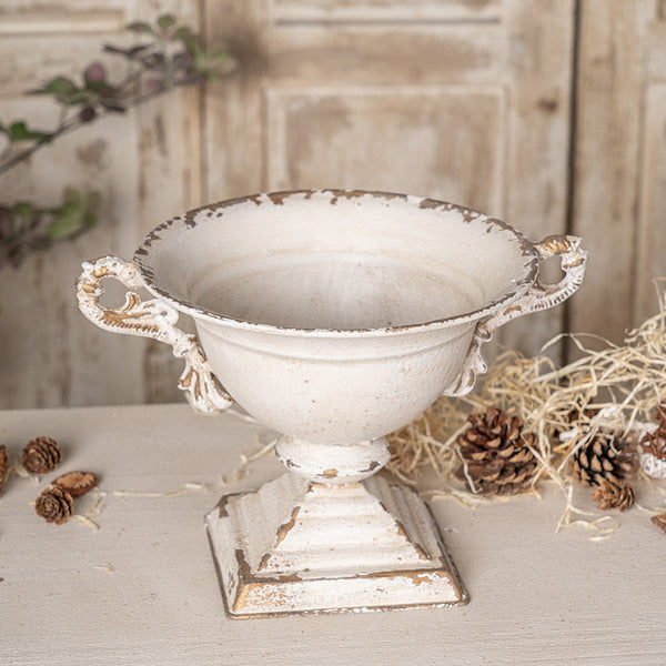 English Elm Vintage Double-Handled Flower Pot Off-White Metal Rustic Charm for Home, Garden, Gift, 10x9 in W2946P243926