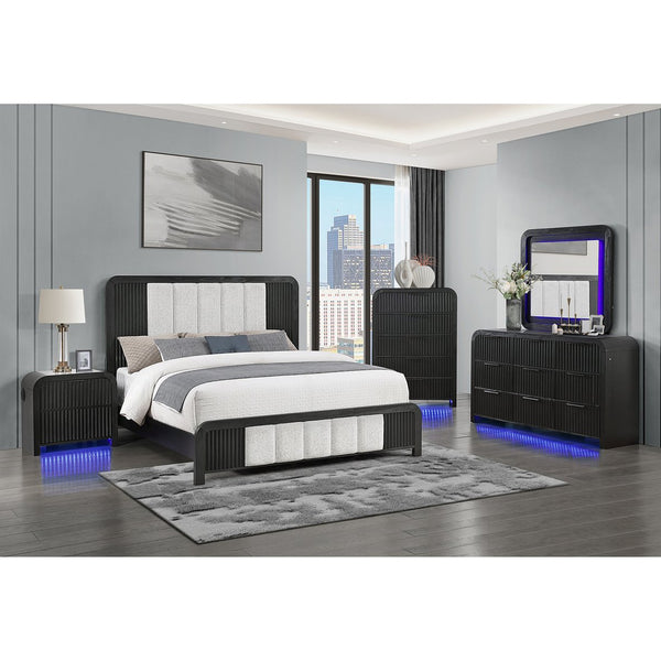 English Elm Beverly Black and White 5PC Bedroom Set — Fluted Solid Wood Design, Upholstered Low-Profile Bed, LED Lights, Spacious Drawers, Speaker Nightstand Queen Standard B201S00419