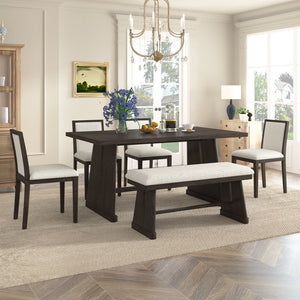 English Elm Trexm Six Piece Farmhouse Dining Set Wire Brushed Oak Veneer Table Linen Chairs Bench Espresso ST000155AAP