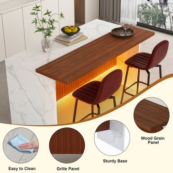 English Elm 63" Modern Kitchen Island with Black Marble-Look Surface, LED Ambient Lighting & Grille Accent White+Walnut W2699P365916