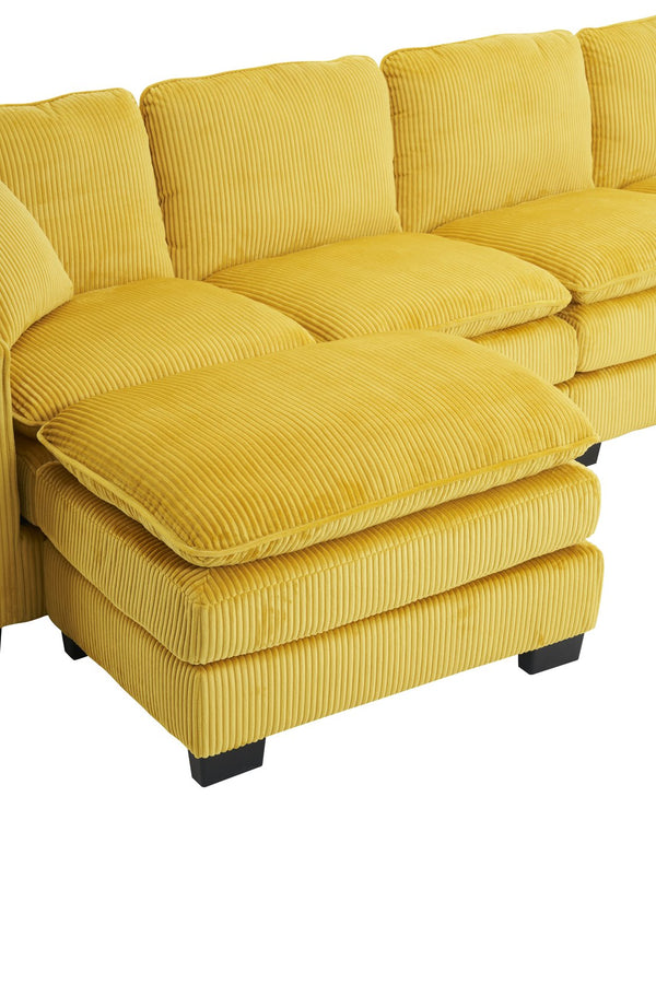 English Elm Modern U Shaped 6-Seat Sectional Sofa with Ottoman and 3 Toss Pillows, Corduroy Modular Comfort and Durable Frame Yellow W2363S00040