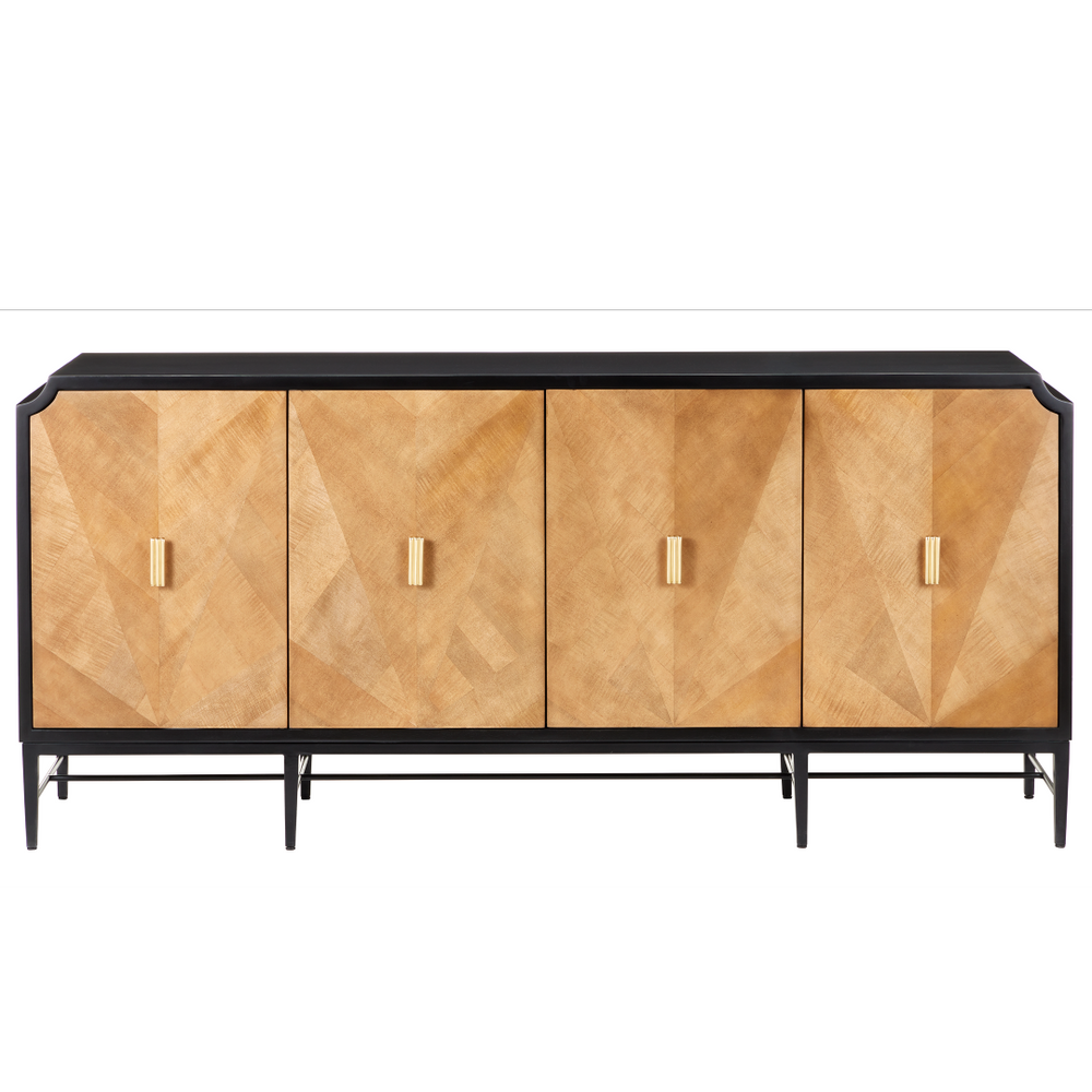 Kallista Taupe Credenza - Modern Sycamore Veneer Chest with Soft-Close Doors & Polished Brass Hardware