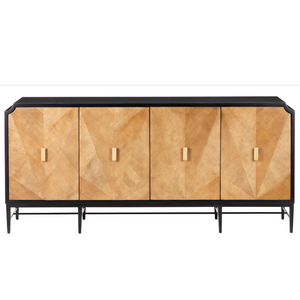 Kallista Taupe Credenza - Modern Sycamore Veneer Chest with Soft-Close Doors & Polished Brass Hardware