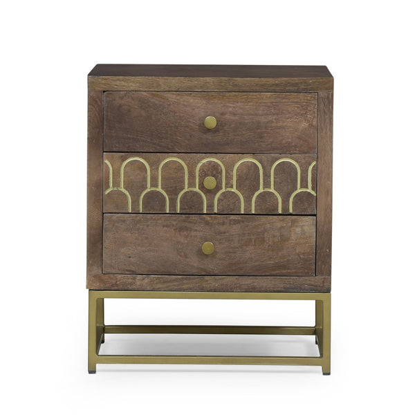 English Elm Christopher Knight Home® - NIGHT Mango Wood Nightstand Walnut with Gold Iron Legs, 3 Drawers, Mid-Century Modern Storage 68570.00