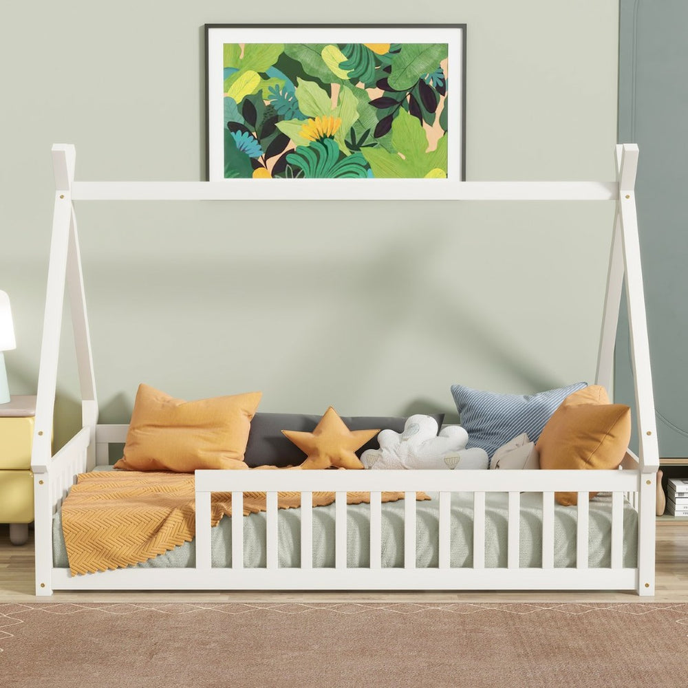 English Elm Twin Teepee Floor Bed With Guardrails - Cozy, Modern Design For Safe Independent Sleep Space W504P345776-GIGA