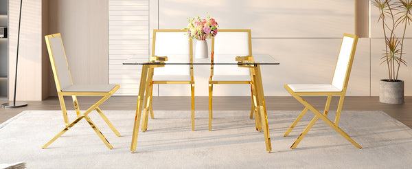 English Elm Table and Chair Set 7 Piece Round Walnut Mdf Industrial Dining with Pu Seats Transparent,White+Gold W1151S04792