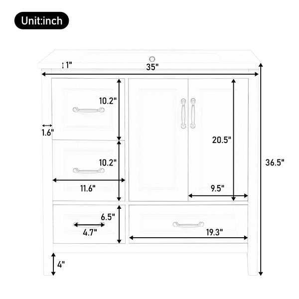 English Elm Christopher Knight Home® - 36" Freestanding Bathroom Vanity with Resin Sink, Soft-Close Doors & Drawers, Gold Alloy Handles, Spacious Storage and Easy Plumbing Access White N759P292552K