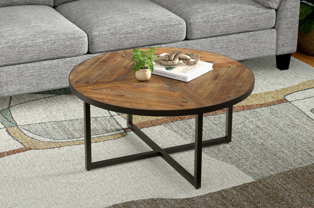 English Elm Wallace & Bay - Brown Round Coffee Table - Antique Pine & Steel Gray Finish, Solid Wood, Stylish & Durable Centerpiece B2709P212414-GIGA
