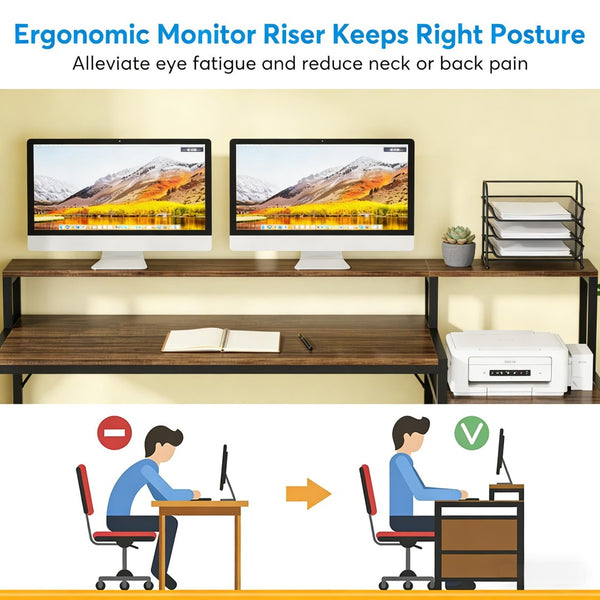 English Elm Sturdy Two-tier Computer Desk with File Cabinet and Monitor Riser for Home Office Black,Rustic Brown T3971P450685