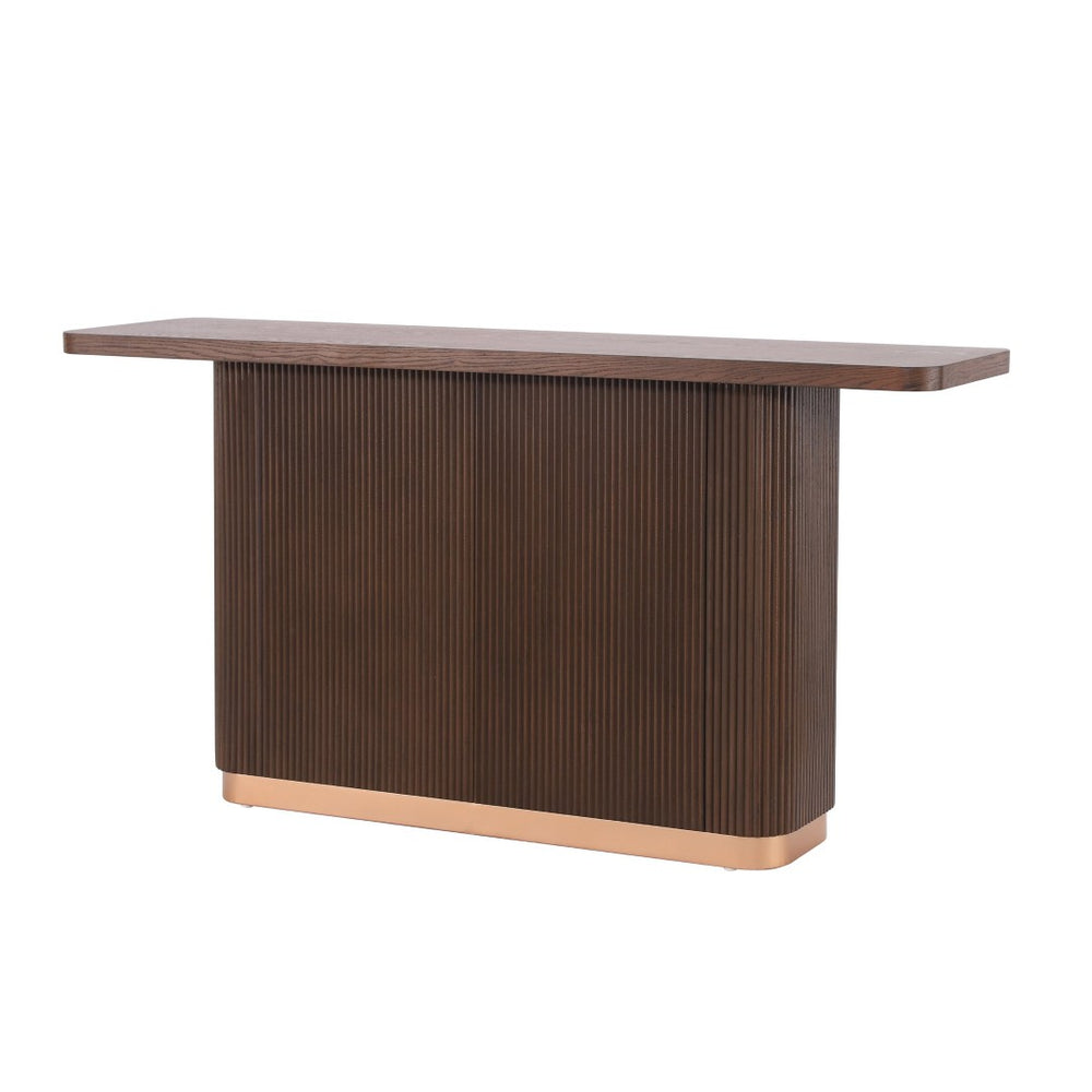 English Elm Console Table with Ash Veneer Top Fluted Pedestal Base and Metal Accents for Entryway N760P359389D