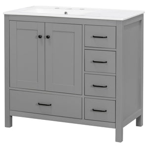 English Elm 36" Gray Bathroom Vanity with Ceramic Sink, 5 Drawers & Soft-Close Doors, Solid Wood Modern Storage N729P183735E
