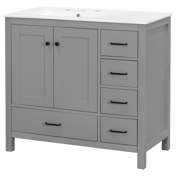 English Elm 36" Gray Bathroom Vanity with Ceramic Sink, 5 Drawers & Soft-Close Doors, Solid Wood Modern Storage N729P183735E