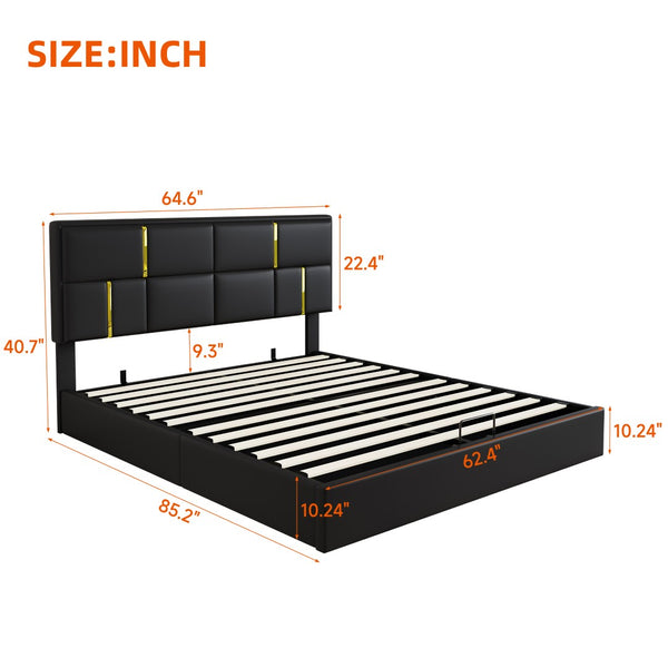 English Elm Queen Upholstered Storage Bed Gas Lift Platform with Gold Trim Pu Headboard N733S362241B