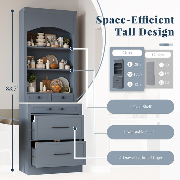 English Elm Topmax 83.7" Modern Gray Kitchen Pantry With Faux Marble Top & 5 Drawer Storage Solution N717P221575E-GIGA