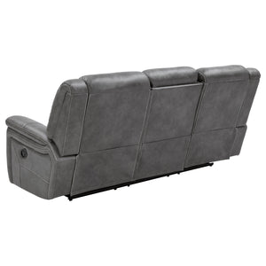 English Elm Hudson Grey Faux Leather Motion Sofa with Dual Recliners, Cupholders, Pop-Up Outlet & Drawer B062P357810