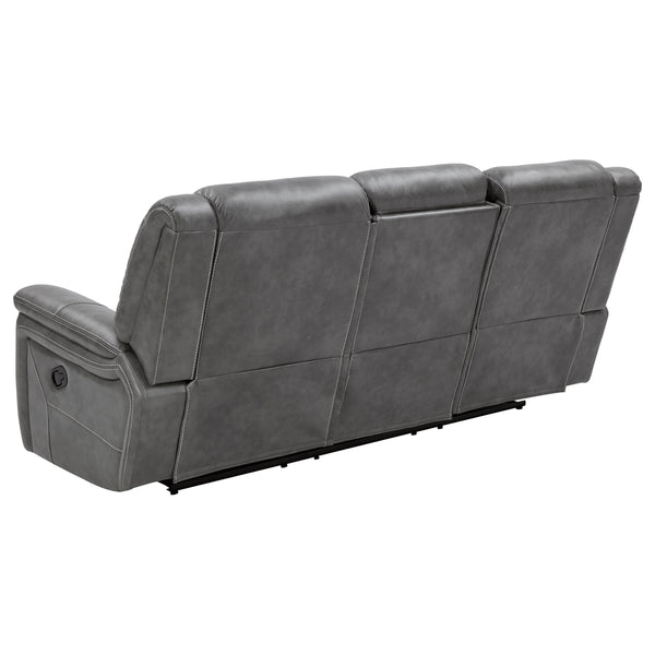 English Elm Hudson Grey Faux Leather Motion Sofa with Dual Recliners, Cupholders, Pop-Up Outlet & Drawer B062P357810