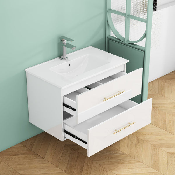 English Elm 30-Inch Sleek Wall-Mounted Bathroom Vanity With Integrated Sink, Double Drawers & Easy Installation W3151S00053