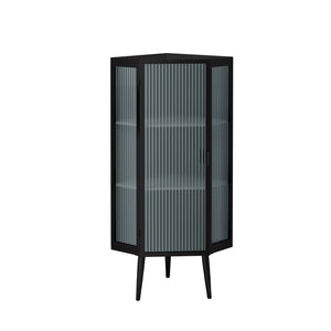 English Elm 22.25'' Floor Corner Cabinet with Tempered Glass Doors, Three-Tier Metal Frame Storage for Home Black W757P180792