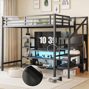 English Elm Full Size Metal Loft Bed With Integrated Tv Stand, Staircase & Wardrobe - Perfect For Kids & Teens! W2593S00012