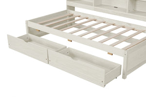 English Elm Twin Storage Bed with Bookcase Headboard Built-in Usb Charging and Two Drawers Creamy White W697S00037