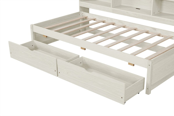 English Elm Twin Storage Bed with Bookcase Headboard Built-in Usb Charging and Two Drawers Creamy White W697S00037