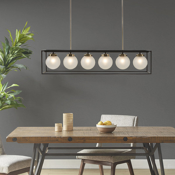 JLA Home INK+IVY - 6-Light Antique Brass Linear Chandelier with 6 Frosted Globe Shades — Industrial Vintage Glow for Dining II150-0122