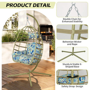 English Elm Egg Hanging Chair with Stand Pe Rattan Swing Seat Washable Cushion 350lb Capacity T5880P497438