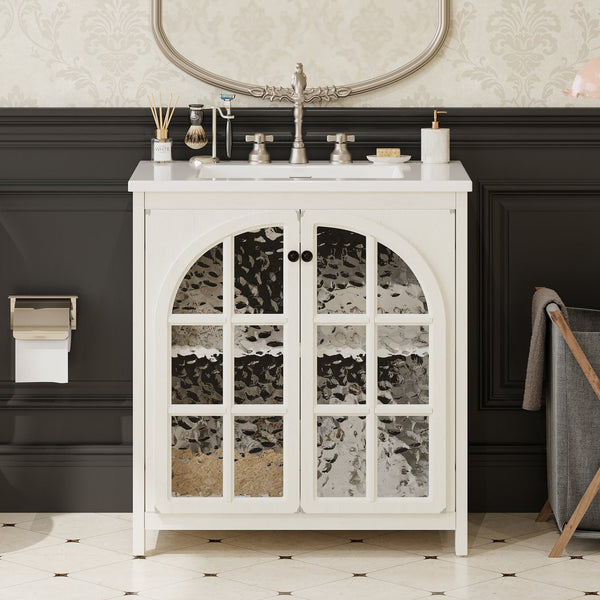 English Elm Christopher Knight Home® - 30 Inches Vintage Rustic Bathroom Vanity With Ceramic Sink, Soft-Close Doors & Antique Bronze Pulls N817P299512W
