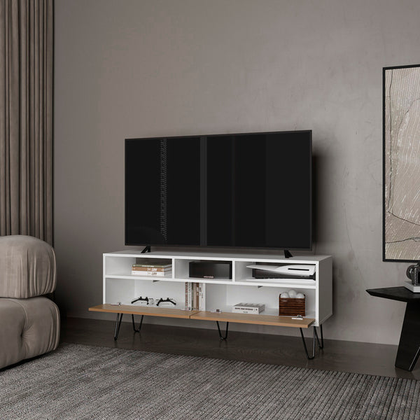 English Elm Glenns Ferry TV Stand with Hairpin Legs - White & Macadamia Engineered Wood, Cable-Friendly Storage B092P286119