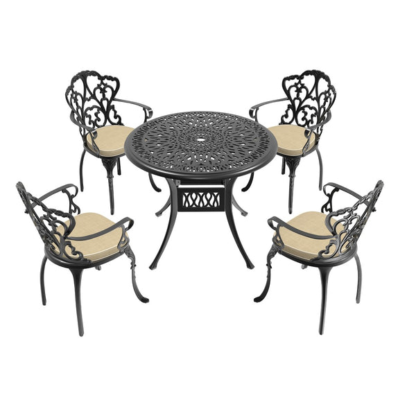 English Elm 5-piece Cast Aluminum Outdoor Dining Set with Relief Carved Frame and All-weather Cushions W1710S00545