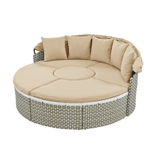 English Elm TOPMAX All-Weather Rattan Round Sectional Daybed with Retractable Canopy, Adjustable Table & Cushions Light Coffee SP100023AAC
