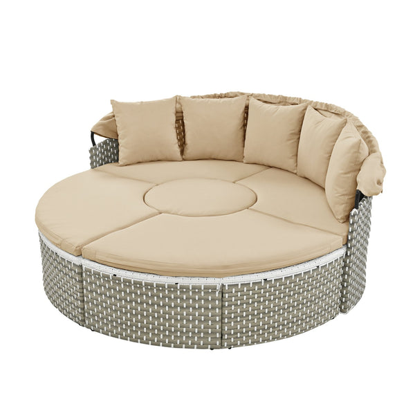 English Elm TOPMAX All-Weather Rattan Round Sectional Daybed with Retractable Canopy, Adjustable Table & Cushions Light Coffee SP100023AAC