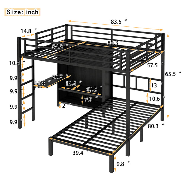 English Elm Full Xl Over Twin Metal Bunk Bed With Foldable Desk, Led Closet & Noise Reduction - Space Saver! W1580S00113