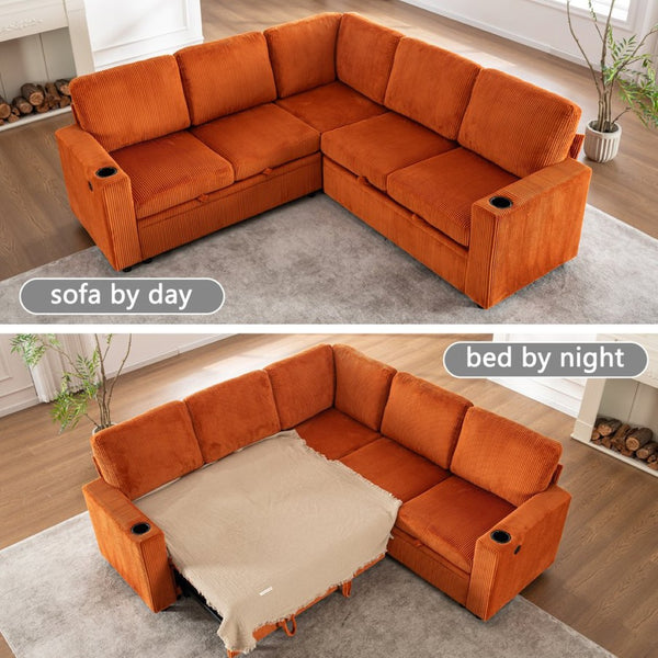 English Elm Sectional Corduroy Sleeper Sofa with Storage and Charging Ports for Small Spaces Orange W1361S00076