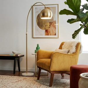 English Elm Oasis Sculptural Brass Arm Floor Lamp with Adjustable Head and White Marble Base B183P231747