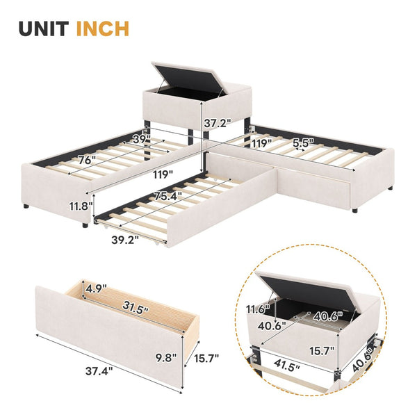 English Elm L-shaped Twin Platform Bed Set with Trundle Drawers and Center Table in Beige Linen GX000531AAA