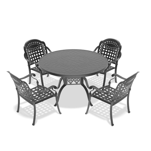 English Elm 5-Piece Cast Aluminum Patio Furniture Set With Plush Blue Cushions For Stylish Outdoor Dining & Relaxation W1710S00075