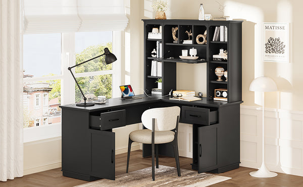 English Elm L-shaped computer desk with ample storage 11 shelves, 3 cabinets, 2 drawers, flip-up shelf for workspaces Black W1580S00189