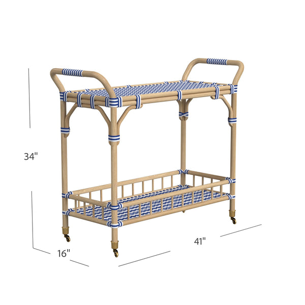 Basset Mirror Ventana Bar Cart - Coastal Bistro Style With Rattan Finish, Multi-shelf Storage & Rolling Casters Blue Rattan,Pu 8630-lr-471