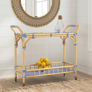 Basset Mirror Ventana Bar Cart - Coastal Bistro Style With Rattan Finish, Multi-shelf Storage & Rolling Casters Blue Rattan,Pu 8630-lr-471