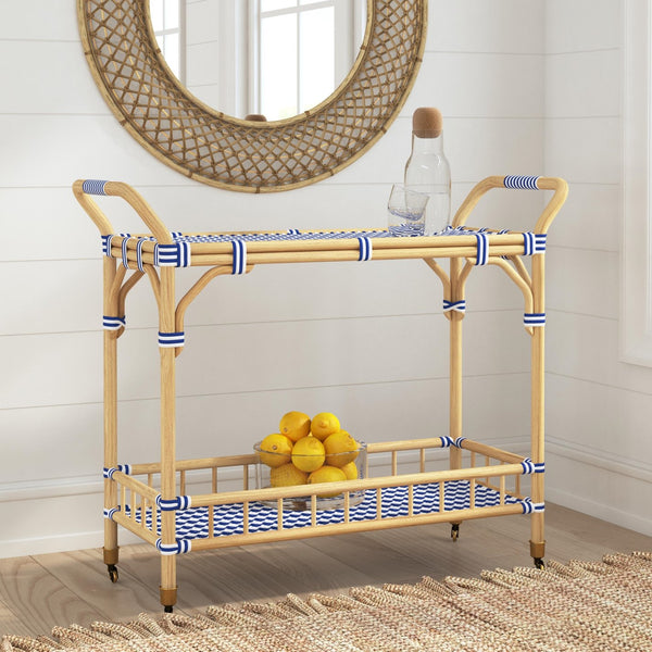 Basset Mirror Ventana Bar Cart - Coastal Bistro Style With Rattan Finish, Multi-shelf Storage & Rolling Casters Blue Rattan,Pu 8630-lr-471
