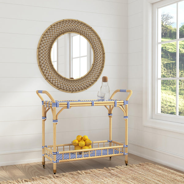Basset Mirror Ventana Bar Cart - Coastal Bistro Style With Rattan Finish, Multi-shelf Storage & Rolling Casters Blue Rattan,Pu 8630-lr-471
