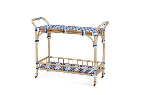 Basset Mirror Ventana Bar Cart - Coastal Bistro Style With Rattan Finish, Multi-shelf Storage & Rolling Casters Blue Rattan,Pu 8630-lr-471