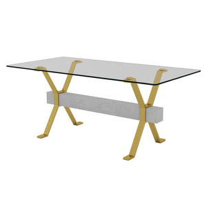 English Elm Dining Tempered Glass Table with Gold X-Legs & Gray MDF Crossbar, 71"x35.4" Modern 4-8 Seater Elegance W1151S02350