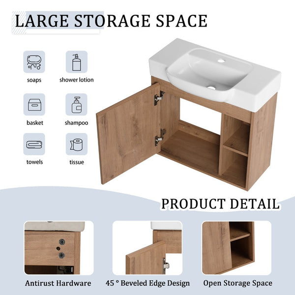 English Elm 24'' Floating Wall Mounted Bathroom Vanity with Ceramic Sink and Soft Close Cabinet Imitative Oak W999P426630