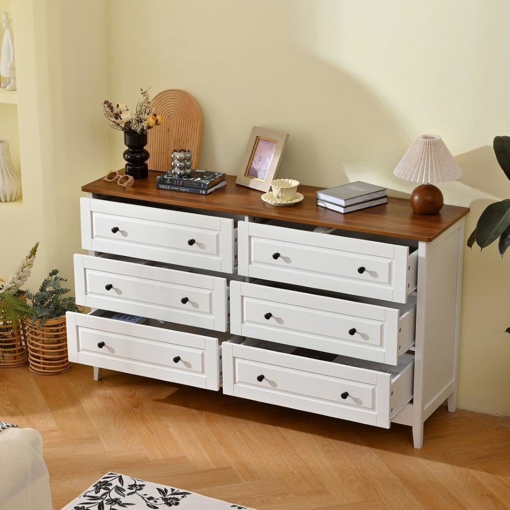 English Elm White Six Drawer Dresser with Red Wood Grain Accents for Bedroom or Entryway W1157P307957